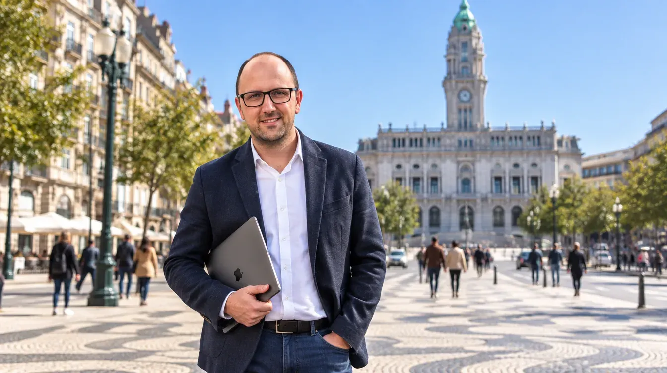 Ricardo Morais, consultor SEO, na Avenida dos Aliados com o edifício da Câmara Municipal do Porto ao fundo