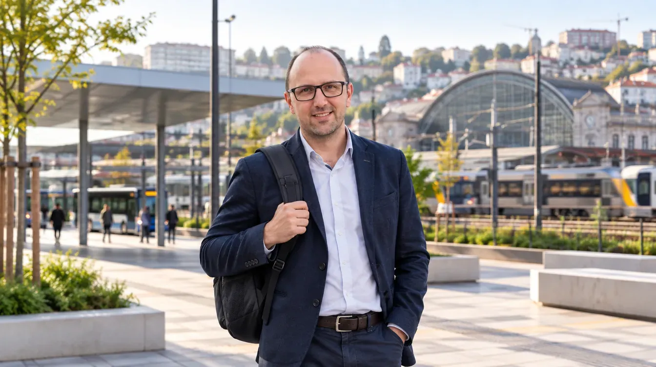 Ricardo Morais, consultor SEO, junto ao terminal intermodal de Campanhã com a estação ferroviária ao fundo