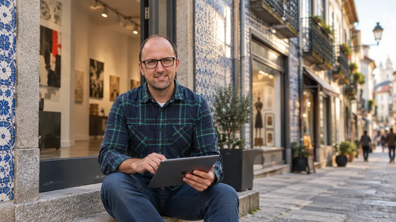 Ricardo Morais, consultor SEO, à porta de uma galeria de arte numa rua de fachadas de azulejo em Cedofeita, no Porto