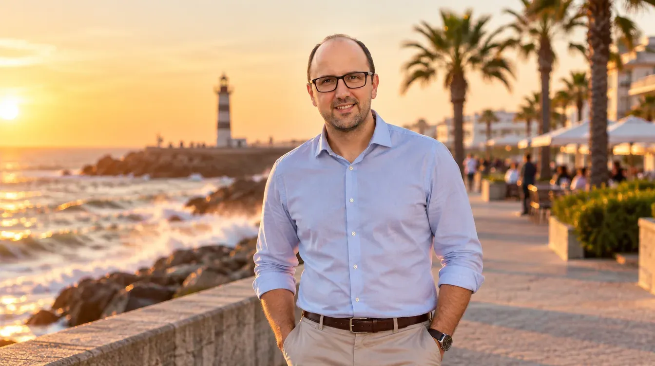 Ricardo Morais, consultor SEO, no passeio marítimo da Foz do Douro com o Farol de Felgueiras ao fundo
