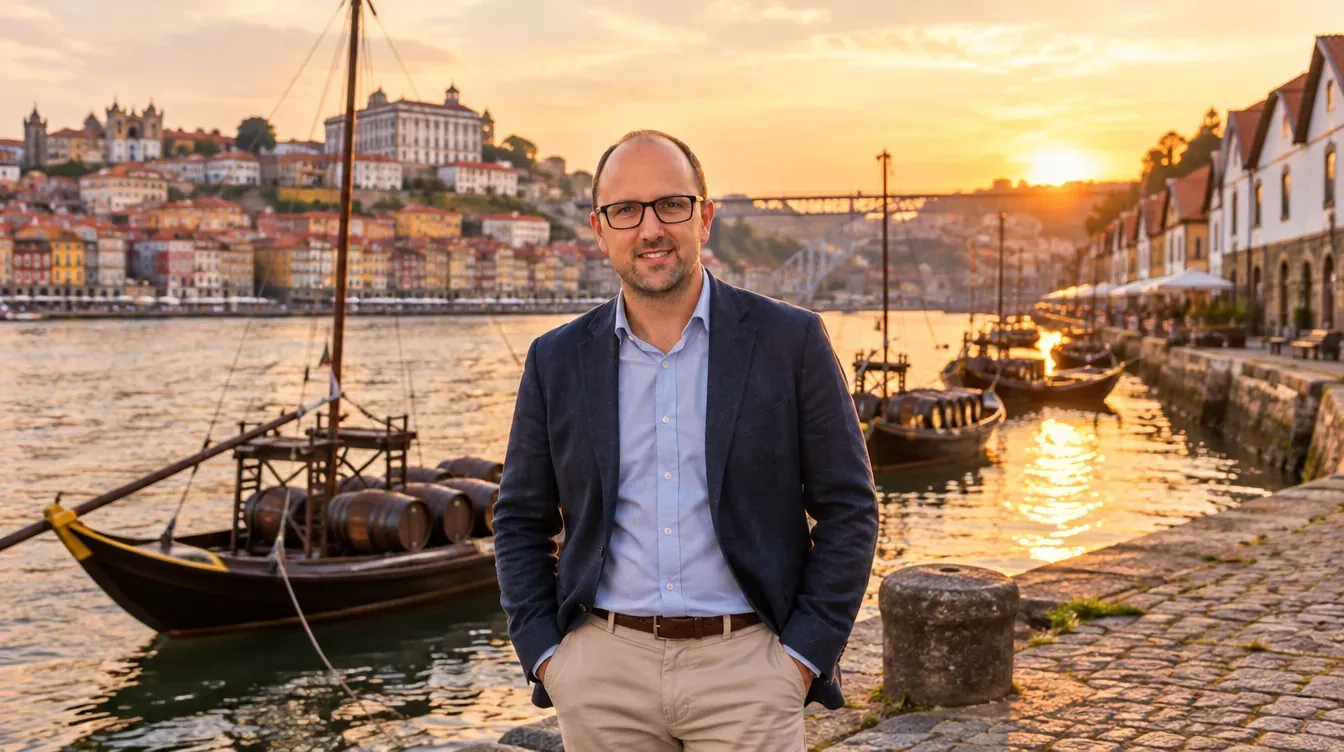 Ricardo Morais, consultor SEO, no cais de Vila Nova de Gaia junto aos barcos rabelos, com a Ribeira do Porto do outro lado do Douro
