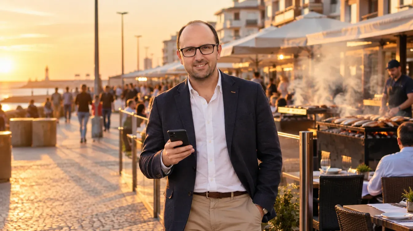 Ricardo Morais, consultor SEO, na Rua Heróis de França em Matosinhos, junto às esplanadas e grelhadores dos restaurantes de peixe