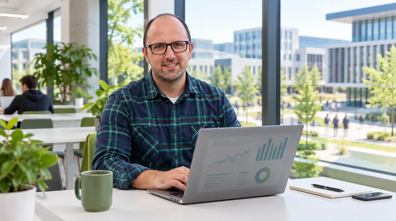Ricardo Morais, consultor SEO, num espaço de cowork com vista para o polo universitário da Asprela, em Paranhos