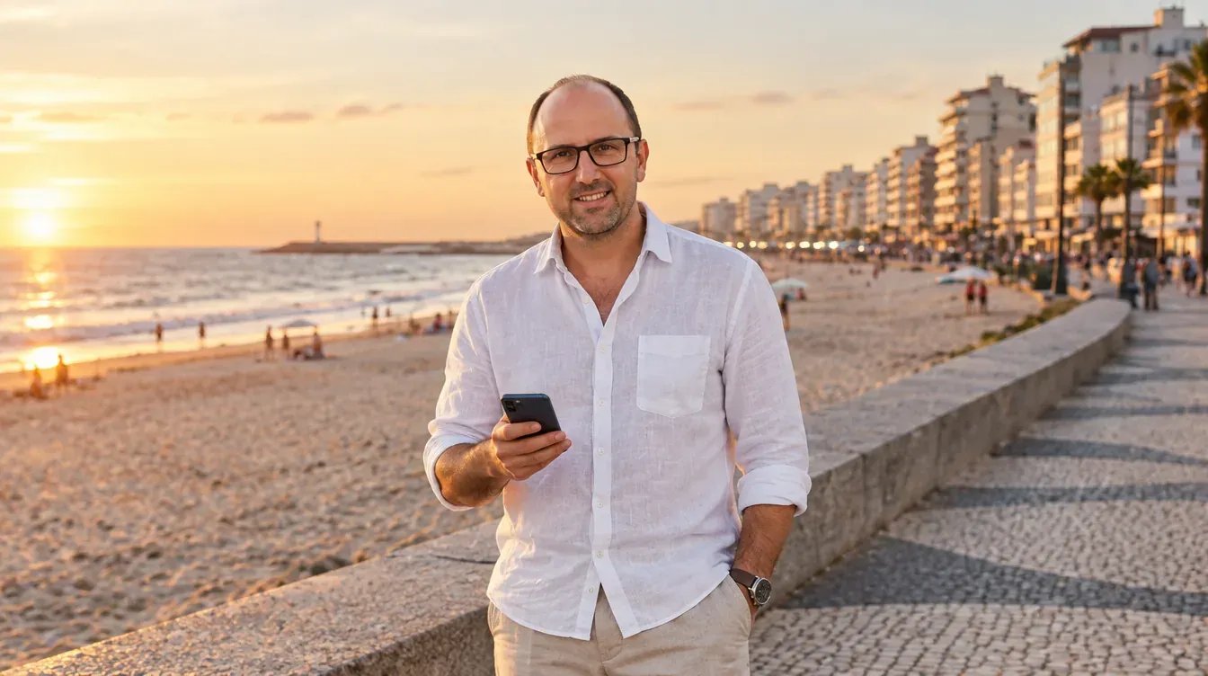 Ricardo Morais, consultor SEO, na avenida marginal da Póvoa de Varzim com a praia e o mar ao fundo
