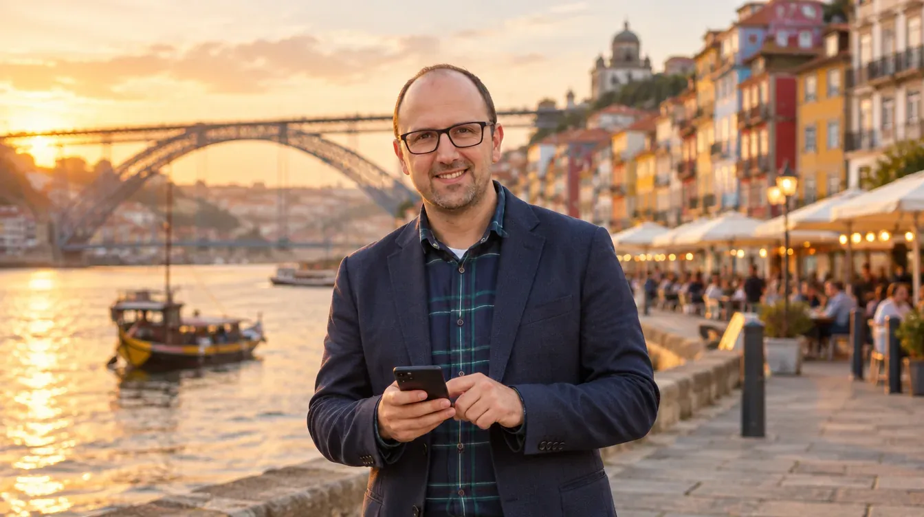 Ricardo Morais, consultor SEO, no Cais da Ribeira com as fachadas coloridas e a Ponte Luís I ao fundo