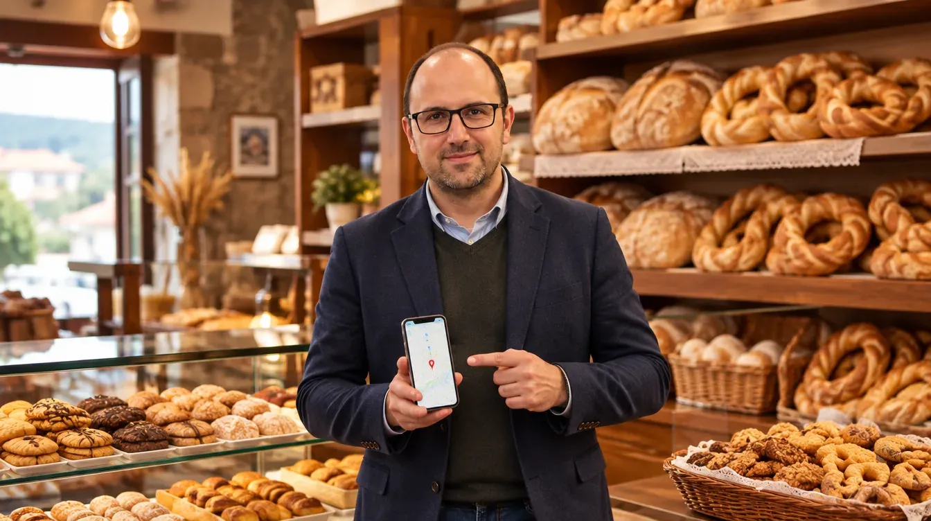 Ricardo Morais, consultor SEO, numa padaria tradicional de Valongo com regueifas e biscoitos ao balcão