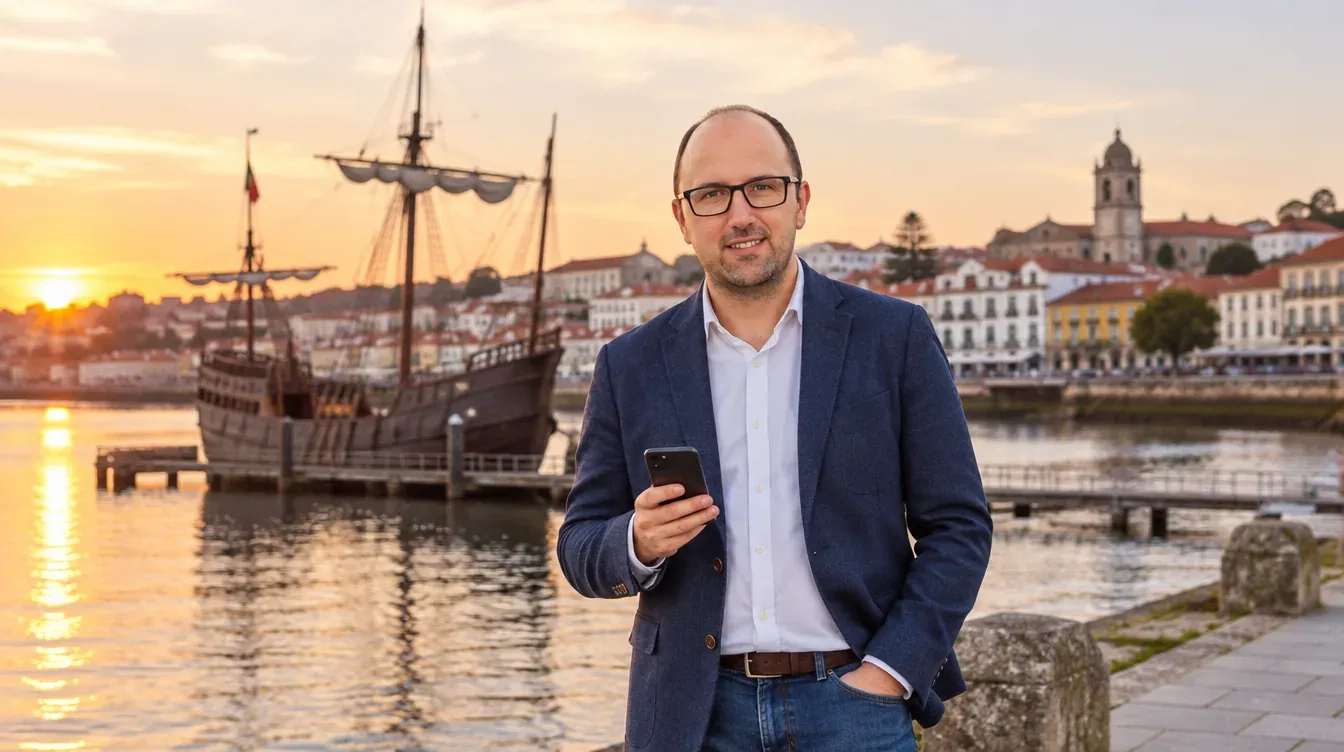 Ricardo Morais, consultor SEO, na margem do rio Ave em Vila do Conde com a réplica da nau quinhentista ao fundo