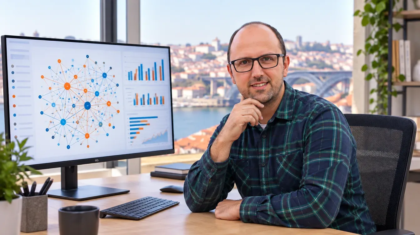 Ricardo Morais, consultor SEO, a analisar backlinks e concorrência num monitor com um diagrama de ligações entre sites