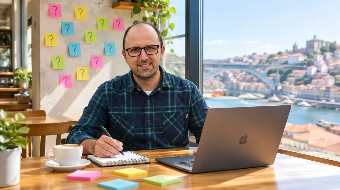 Ricardo Morais, consultor SEO, num café do Porto a organizar perguntas de clientes em post-its para ideias de conteúdo