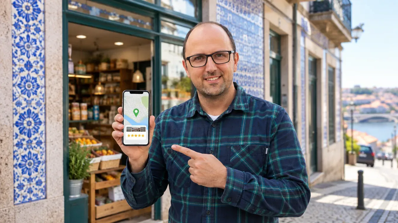 Ricardo Morais, consultor SEO, à porta de uma loja no Porto a mostrar a ficha de empresa no Google Maps no telemóvel