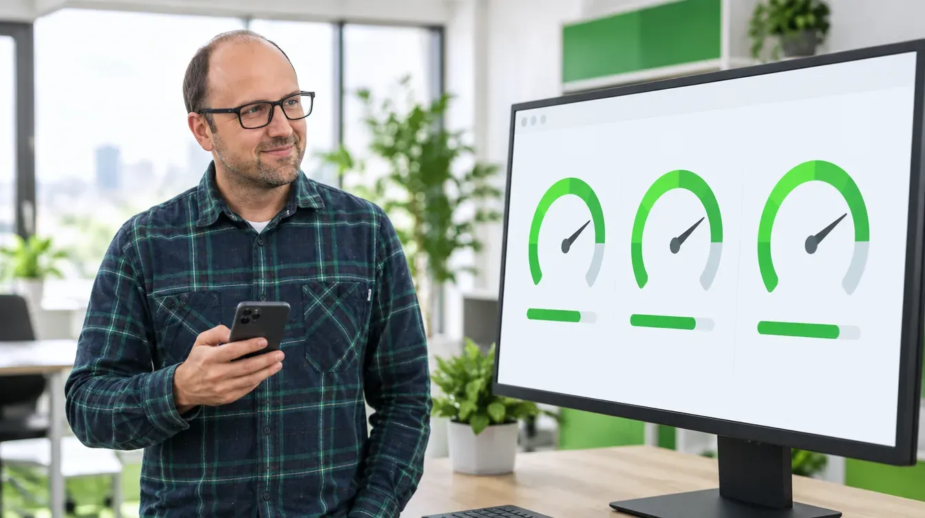 Ricardo Morais, consultor SEO, com um smartphone a rever os Core Web Vitals de um site num monitor