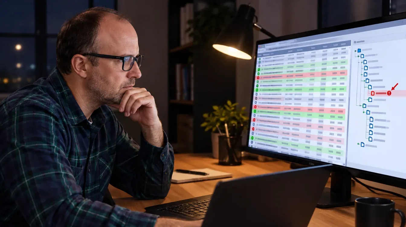 Ricardo Morais, consultor SEO, a fazer uma auditoria técnica de um site com uma tabela de rastreio no monitor