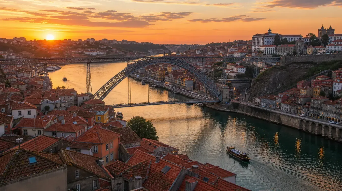 Vista aérea dos telhados do Porto, do Douro e da Ponte Luís I ao pôr do sol