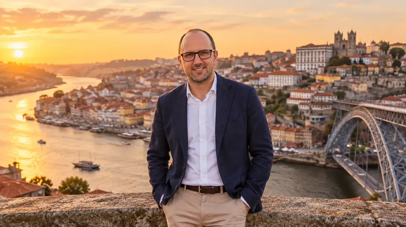 Ricardo Morais, consultor SEO, no miradouro da Serra do Pilar com o Porto, o Douro e a Ponte Luís I ao fundo